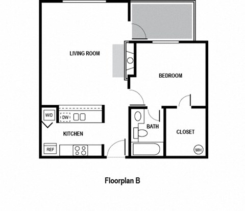 Floor plan for 1 bed, 1 bath, 605 sqft